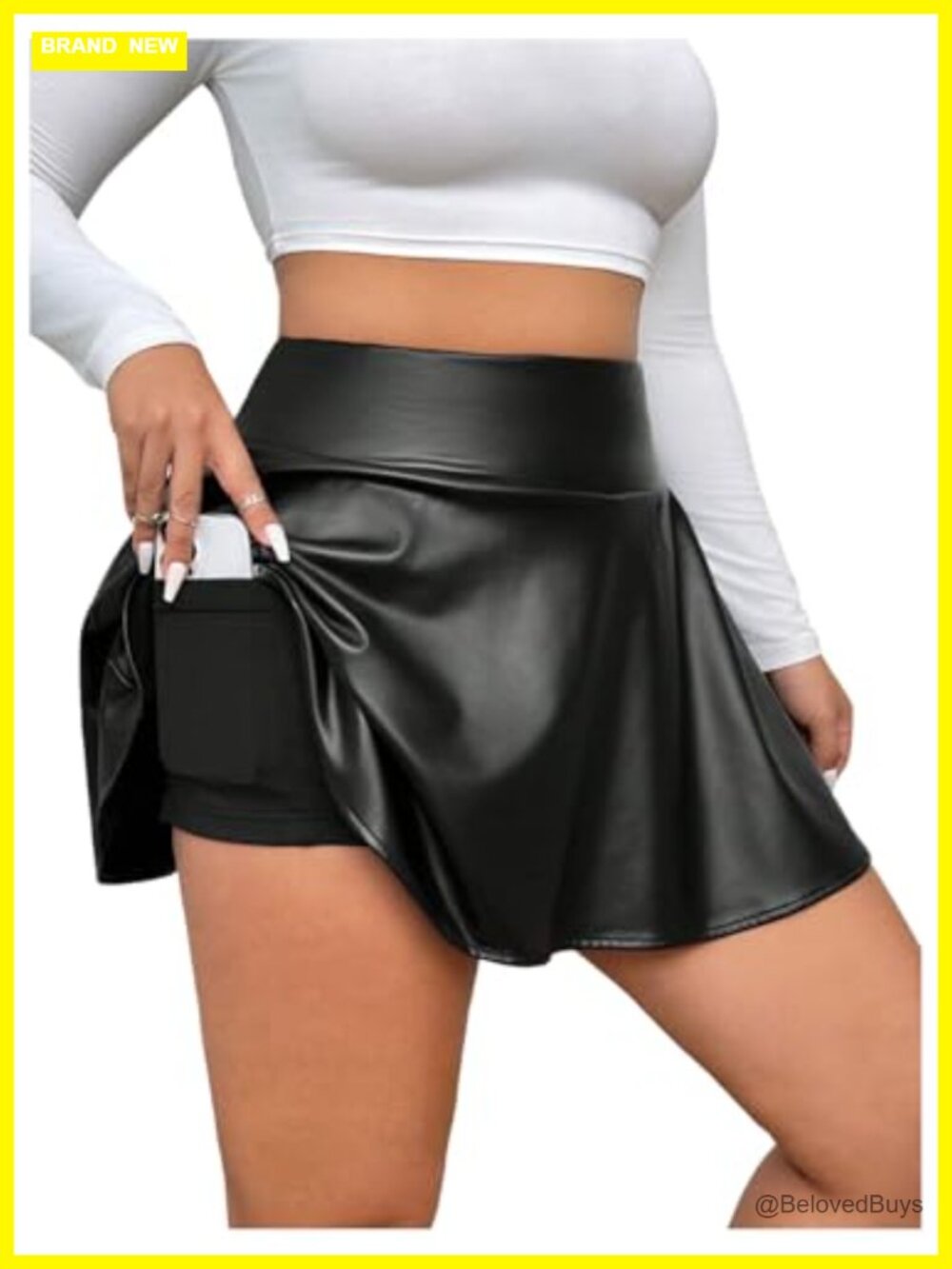 Women's PU Leather High Waisted Flared A-Line Mini Skirt with Phone Pocket